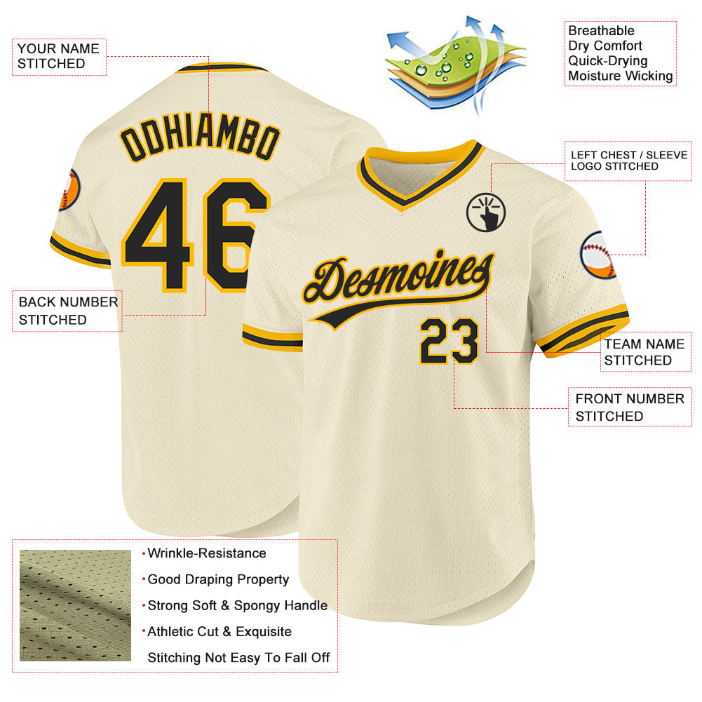 Custom Cream Black-Gold Authentic Throwback Baseball Jersey baseball jersey product view 3
