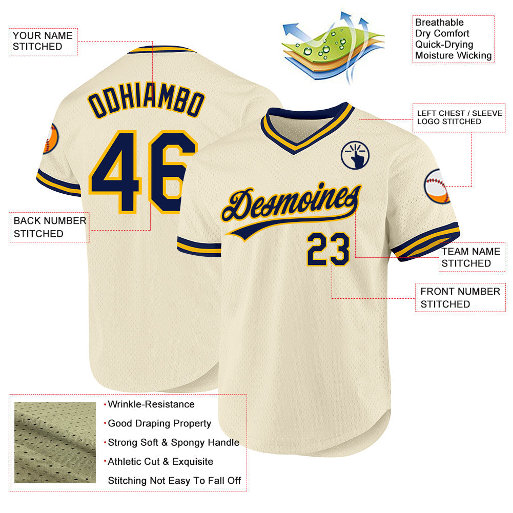 Custom Cream Navy-Gold Authentic Throwback Baseball Jersey baseball jersey product view 3