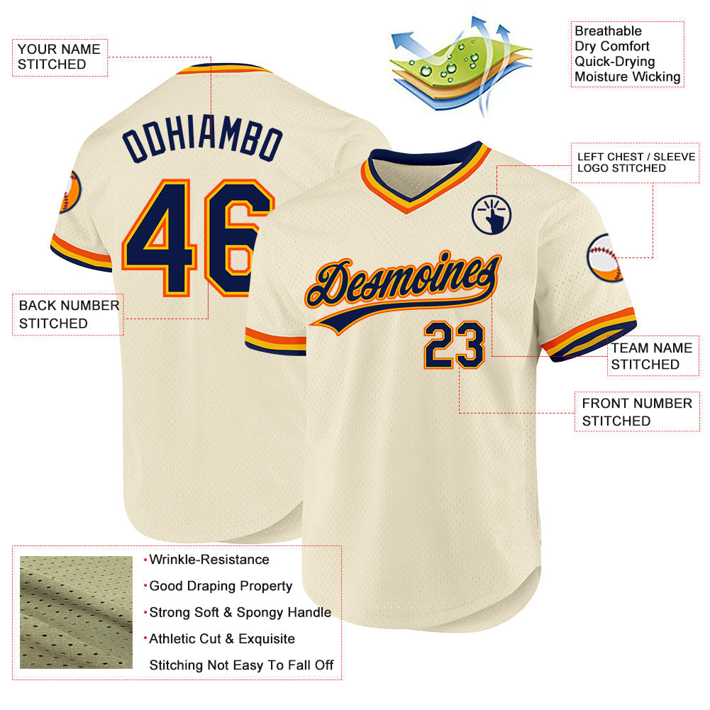 Custom Cream Navy Gold-Orange Authentic Throwback Baseball Jersey baseball jersey product view 3
