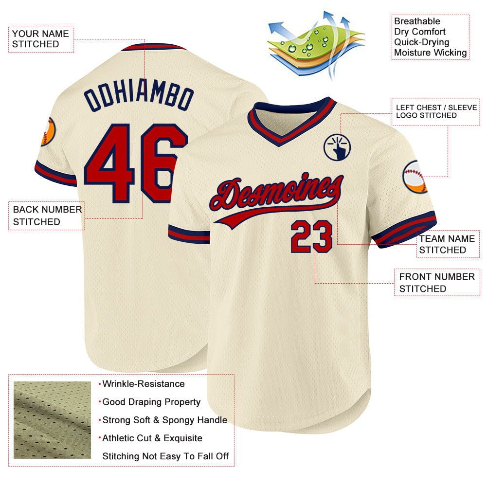 Custom Cream Red-Navy Authentic Throwback Baseball Jersey baseball jersey product view 3