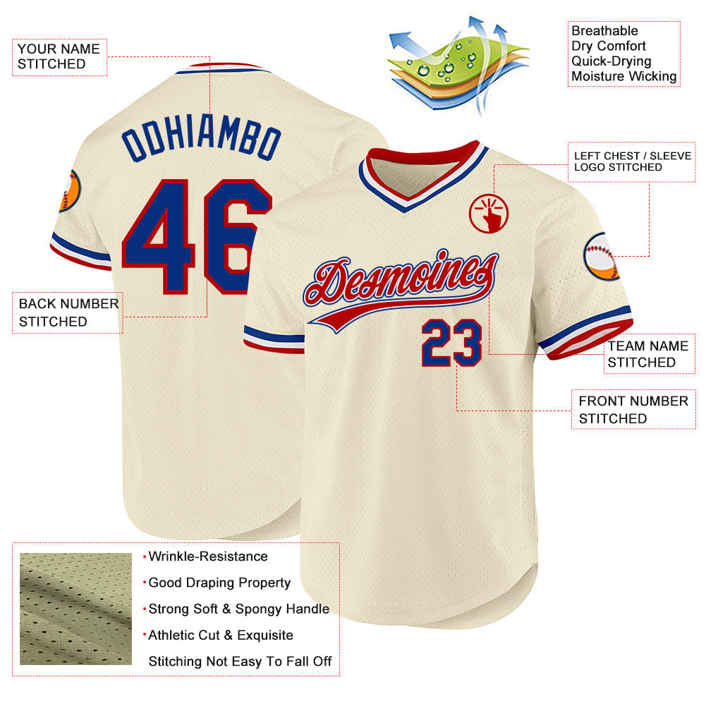 Custom Cream Royal Red-White Authentic Throwback Baseball Jersey baseball jersey product view 3