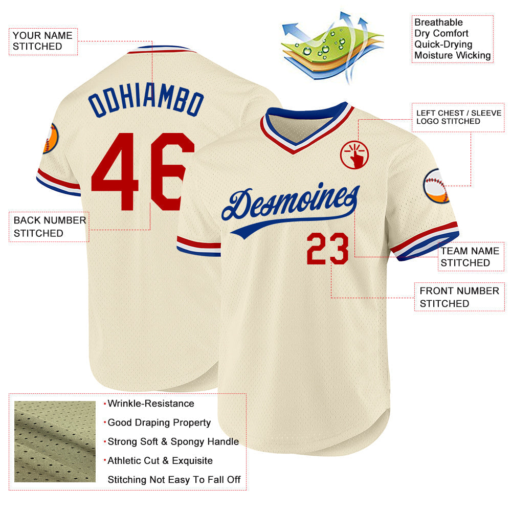 Custom Cream Red Royal-White Authentic Throwback Baseball Jersey baseball jersey product view 3