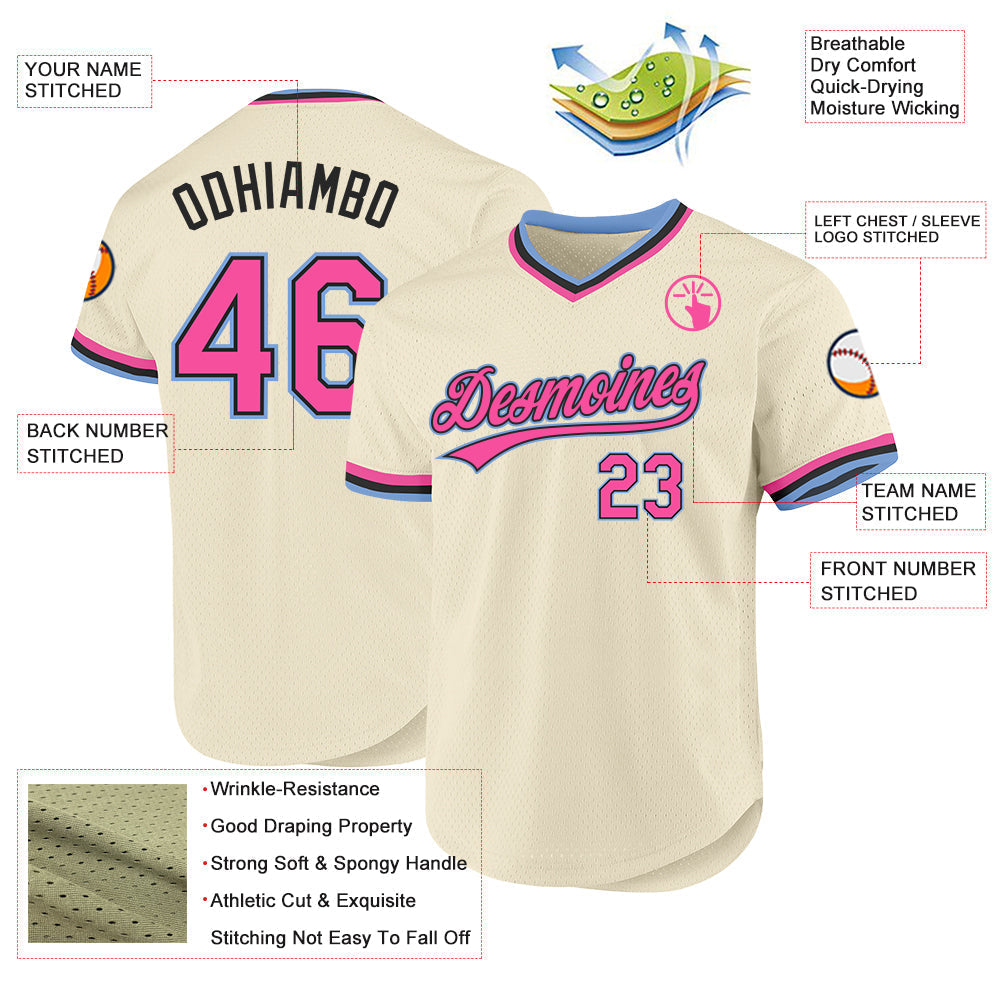 Custom Cream Pink Black-Light Blue Authentic Throwback Baseball Jersey baseball jersey product view 3
