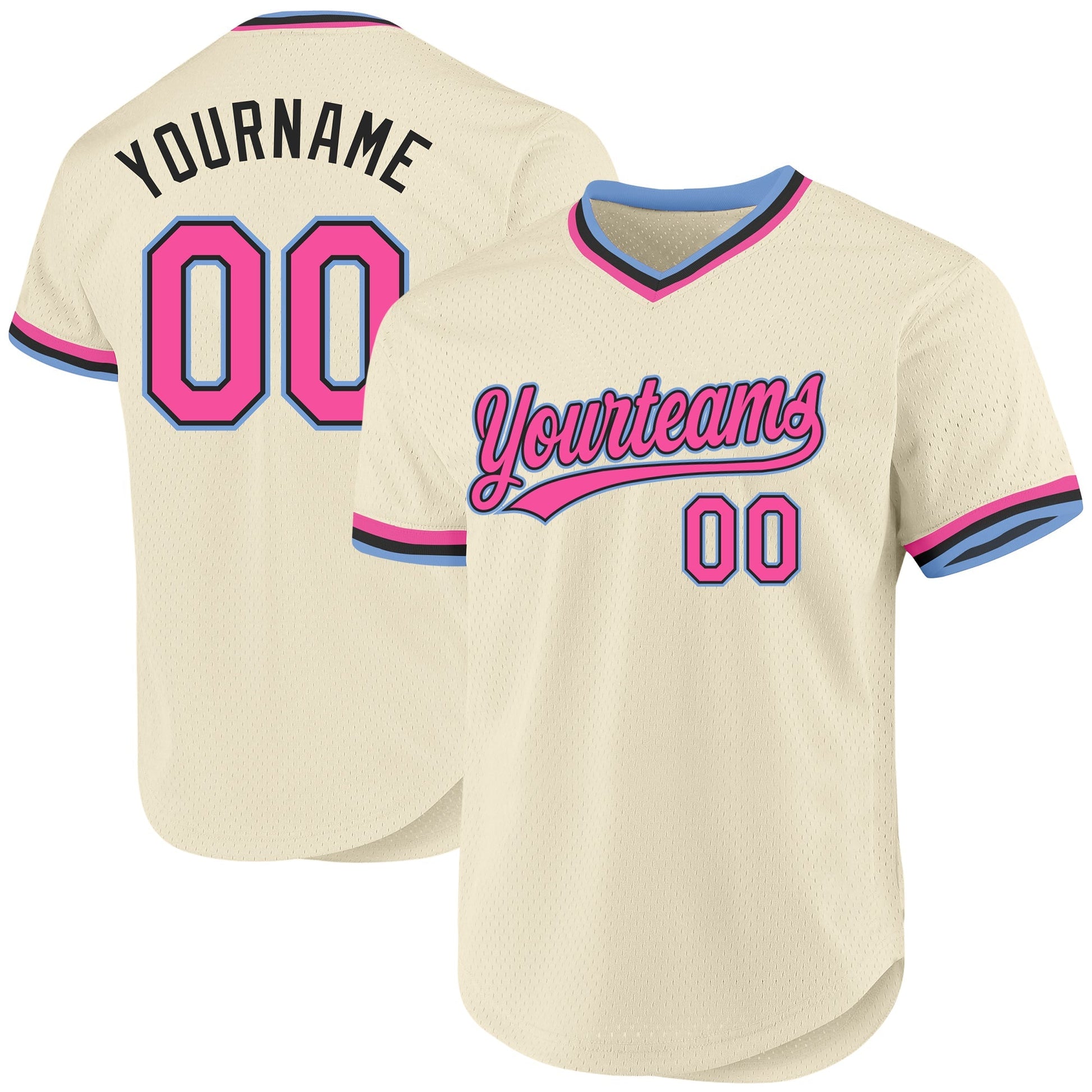 Custom Cream Pink Black-Light Blue Authentic Throwback Baseball Jersey baseball jersey product view 1
