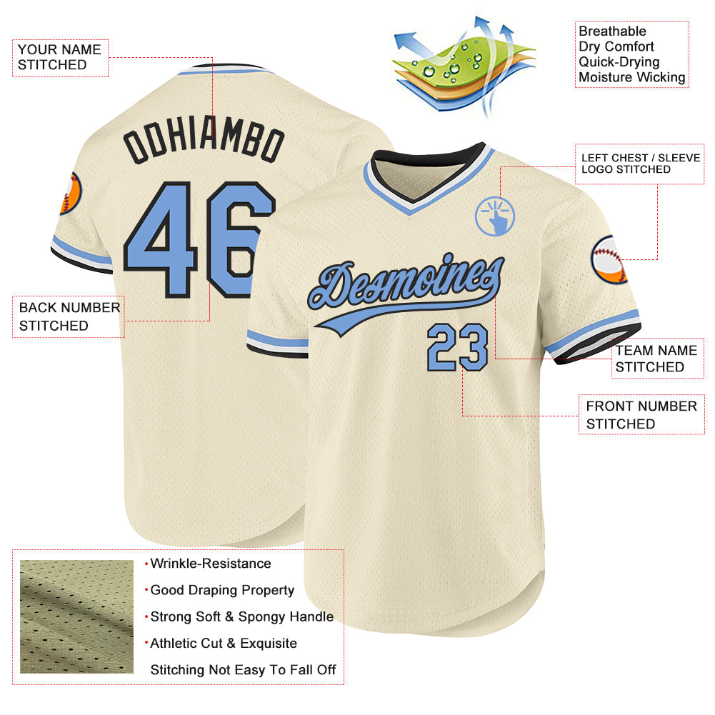 Custom Cream Light Blue-Black Authentic Throwback Baseball Jersey baseball jersey product view 3
