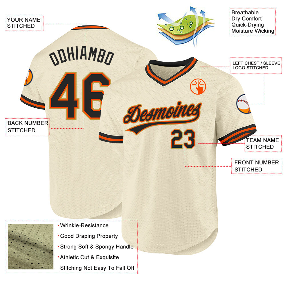 Custom Cream Black Orange-Old Gold Authentic Throwback Baseball Jersey baseball jersey product view 3