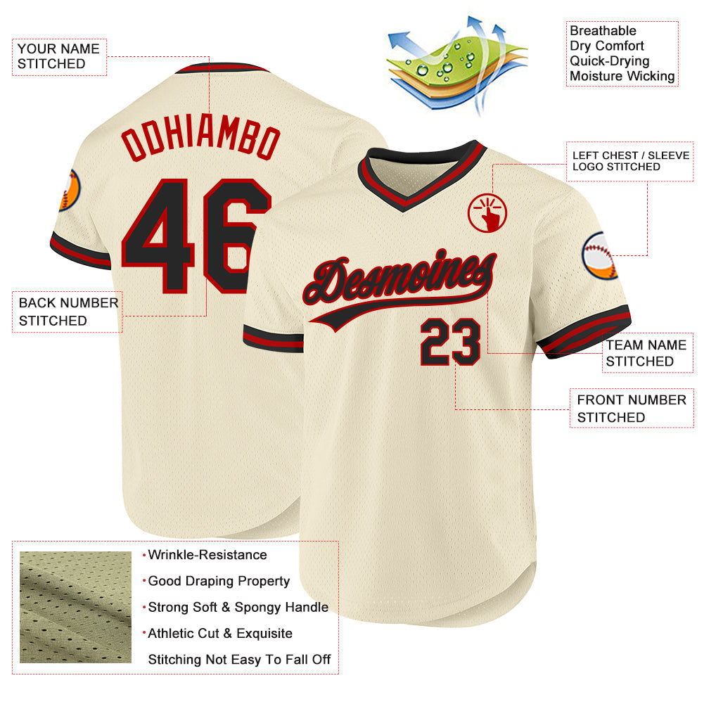 Custom Cream Black-Red Authentic Throwback Baseball Jersey baseball jersey product view 3