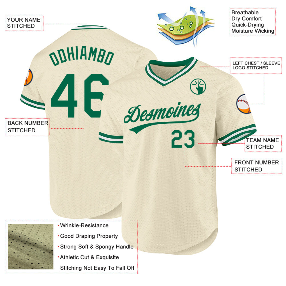 Custom Cream Kelly Green-White Authentic Throwback Baseball Jersey baseball jersey product view 3