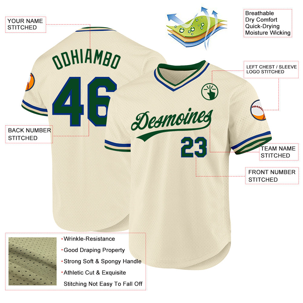 Custom Cream Green-Royal Authentic Throwback Baseball Jersey baseball jersey product view 3