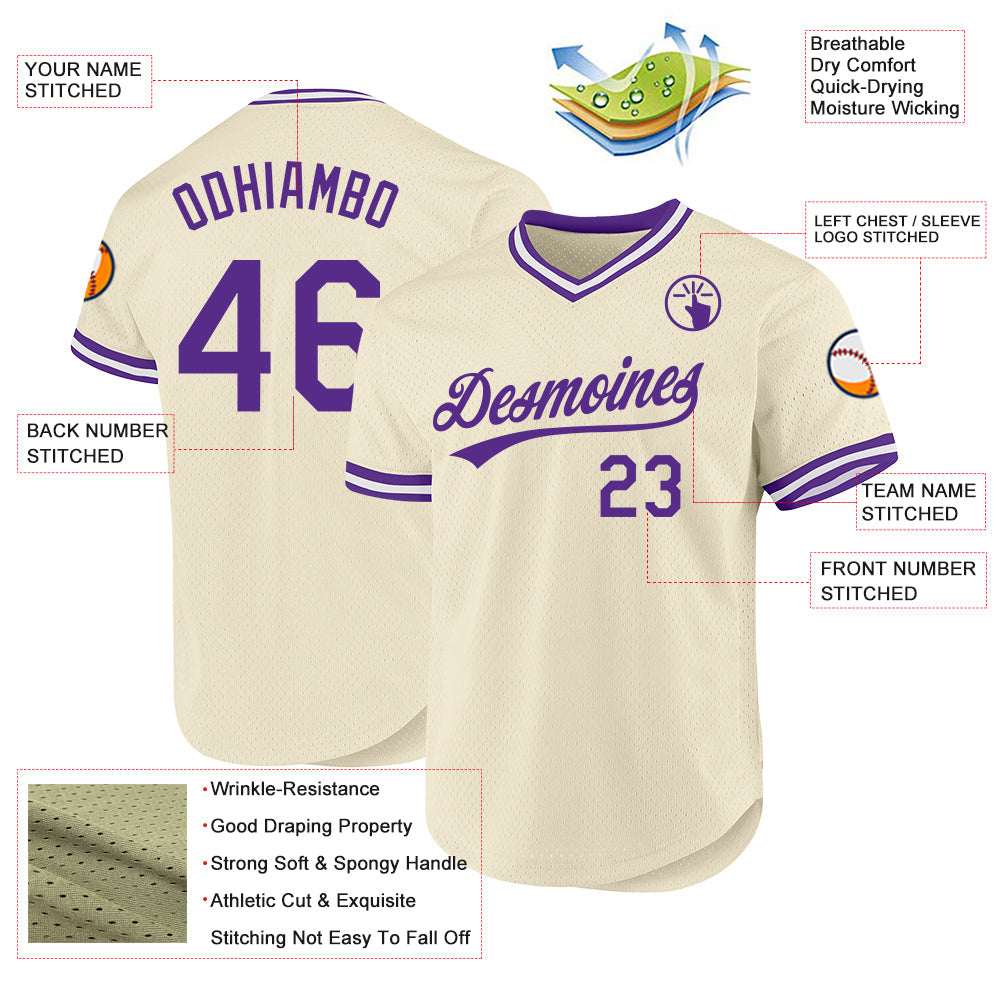 Custom Cream Purple-White Authentic Throwback Baseball Jersey baseball jersey product view 3