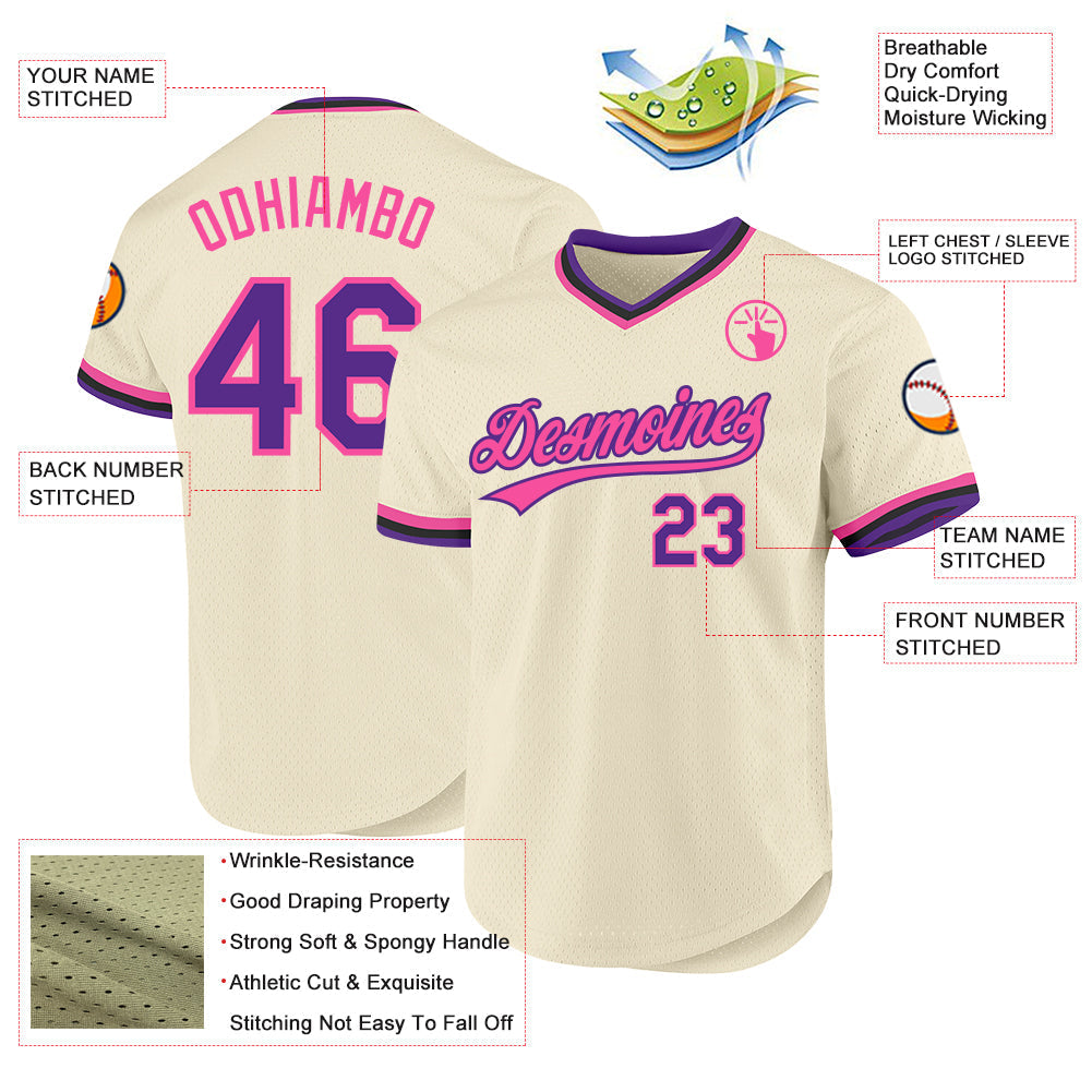 Custom Cream Purple Pink-Black Authentic Throwback Baseball Jersey baseball jersey product view 3