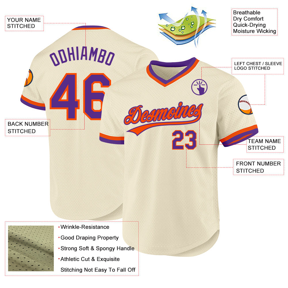 Custom Cream Purple-Orange Authentic Throwback Baseball Jersey baseball jersey product view 3