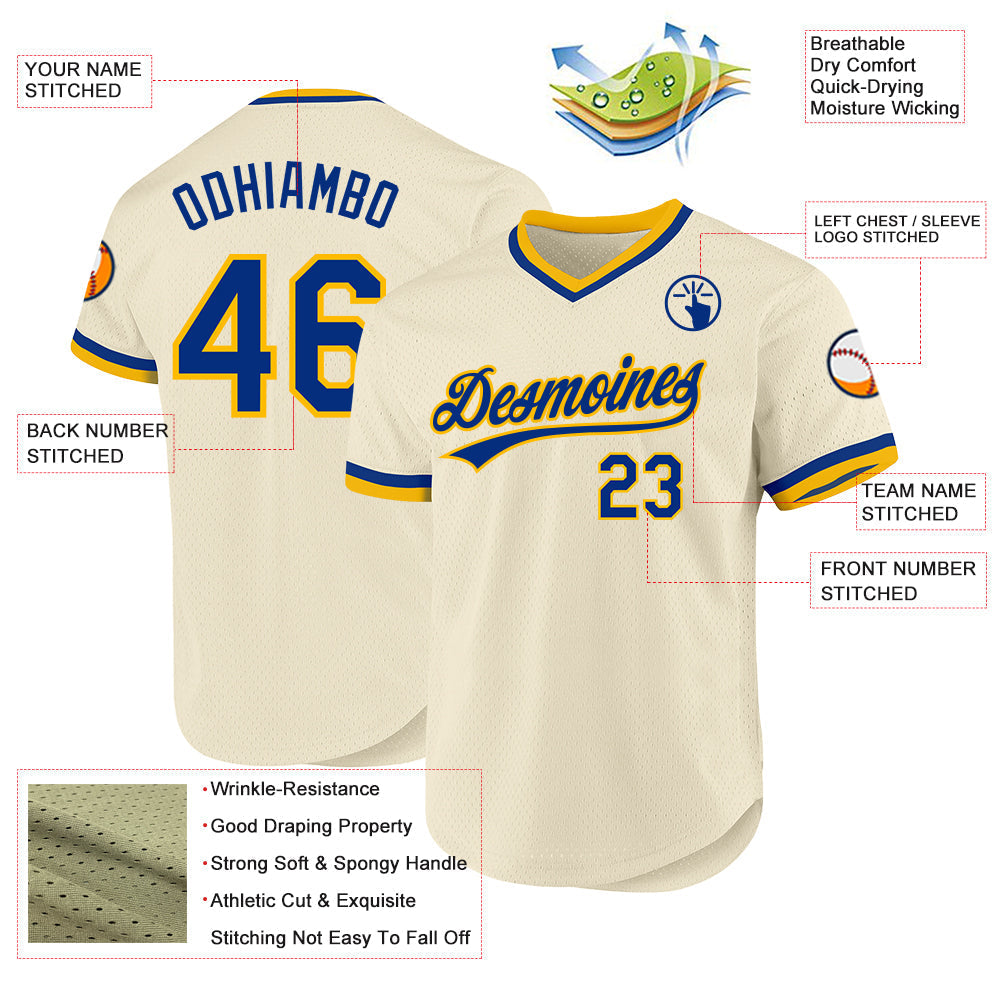 Custom Cream Royal-Gold Authentic Throwback Baseball Jersey baseball jersey product view 3