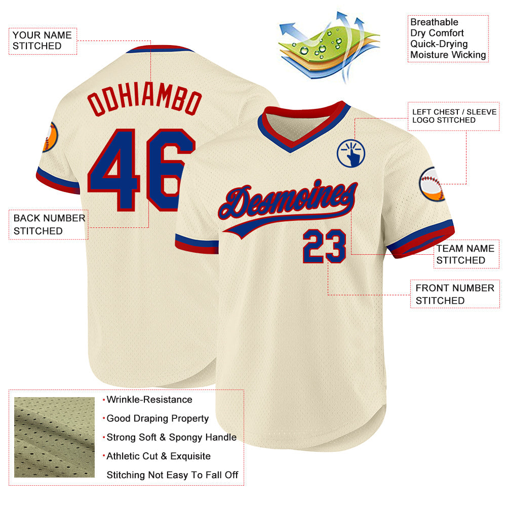 Custom Cream Royal-Red Authentic Throwback Baseball Jersey baseball jersey product view 3