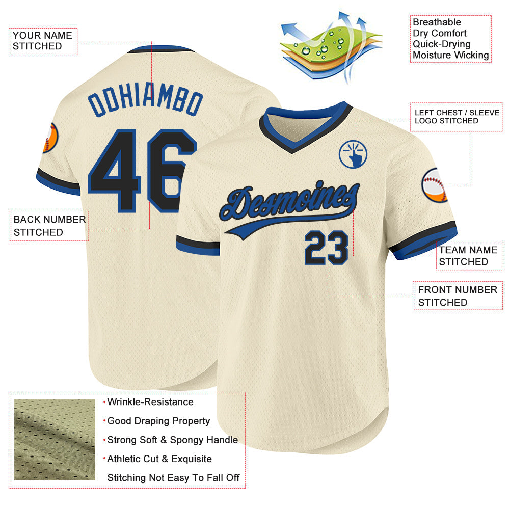 Custom Cream Black-Blue Authentic Throwback Baseball Jersey baseball jersey product view 3