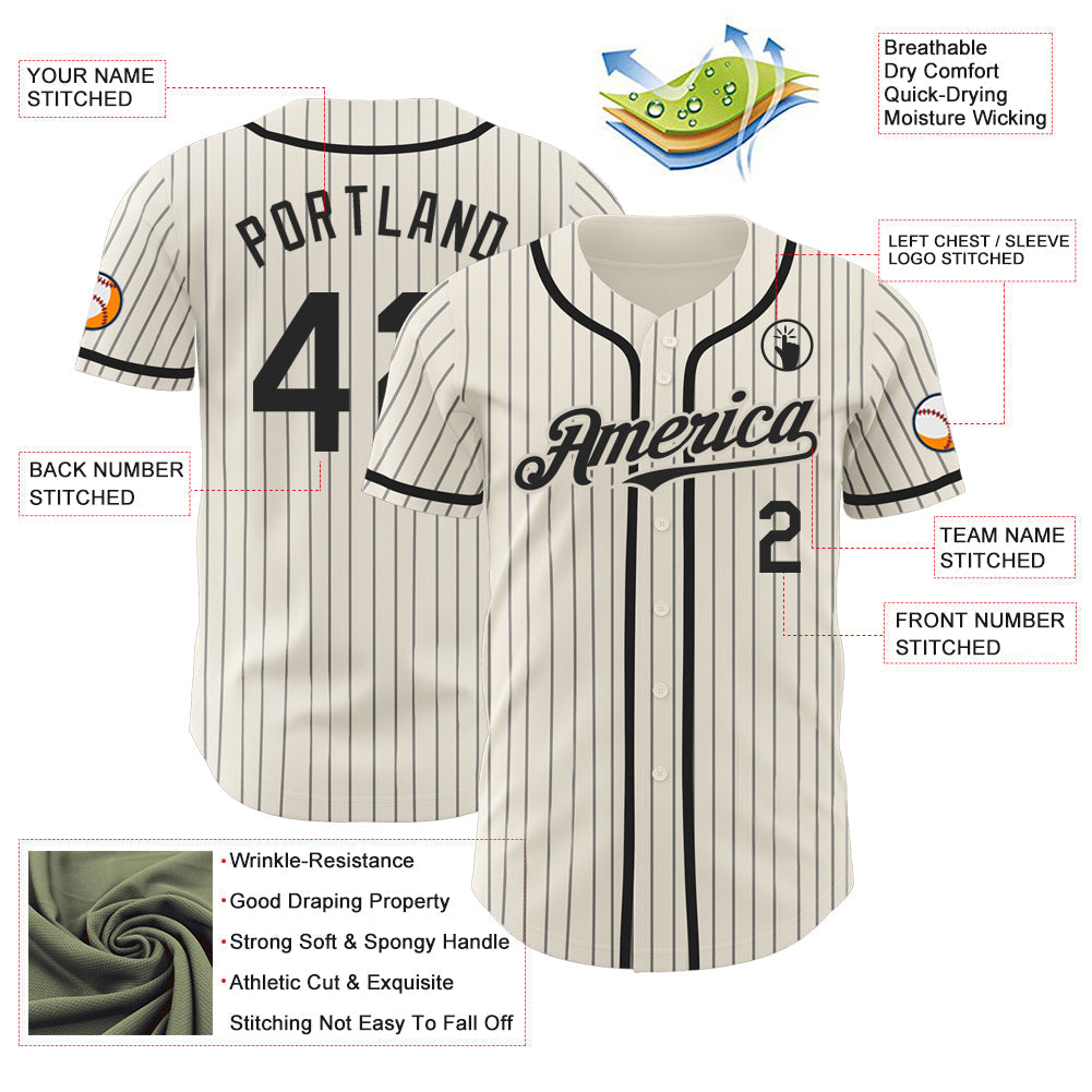 Custom Cream Black Pinstripe Black Authentic Baseball Jersey baseball jersey product view 3