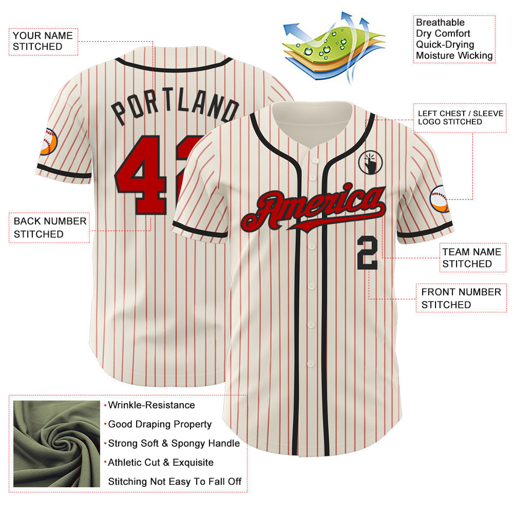 Custom Cream Red Pinstripe Black Authentic Baseball Jersey baseball jersey product view 3