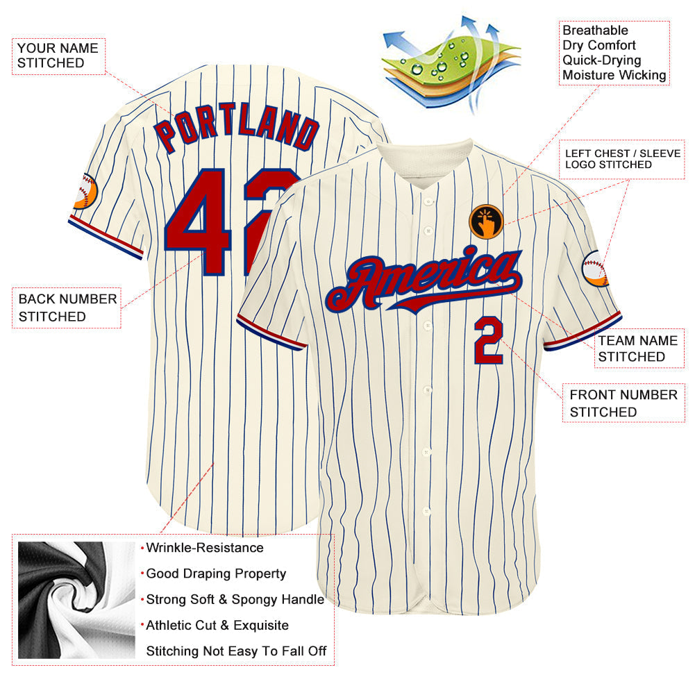 Custom Cream Royal Pinstripe Red-White Authentic Baseball Jersey baseball jersey product view 3