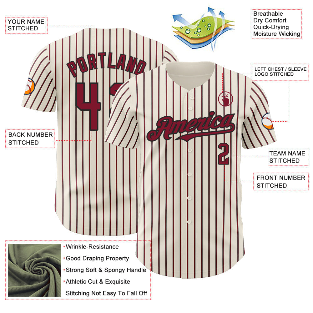 Custom Cream (Black Crimson Pinstripe) Crimson-Black Authentic Baseball Jersey baseball jersey product view 3