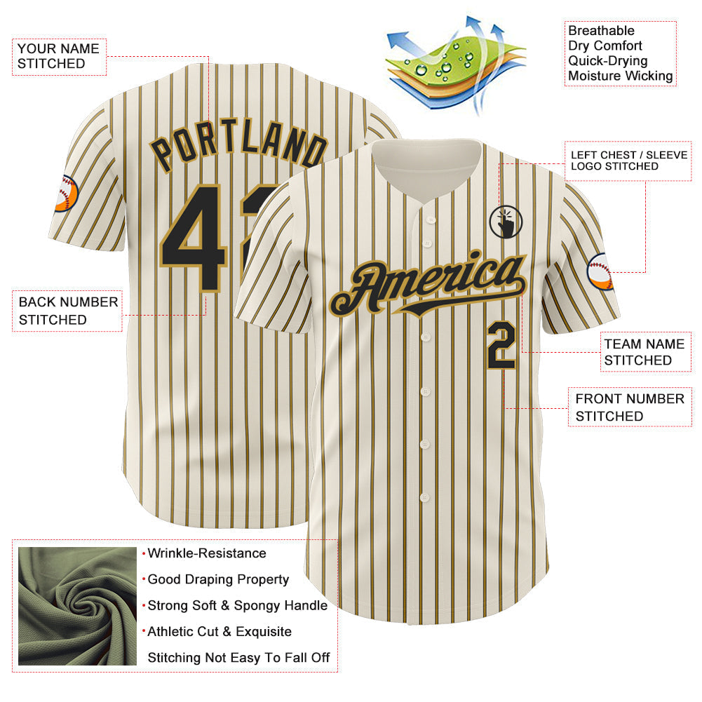 Custom Cream (Black Old Gold Pinstripe) Black-Old Gold Authentic Baseball Jersey baseball jersey product view 3