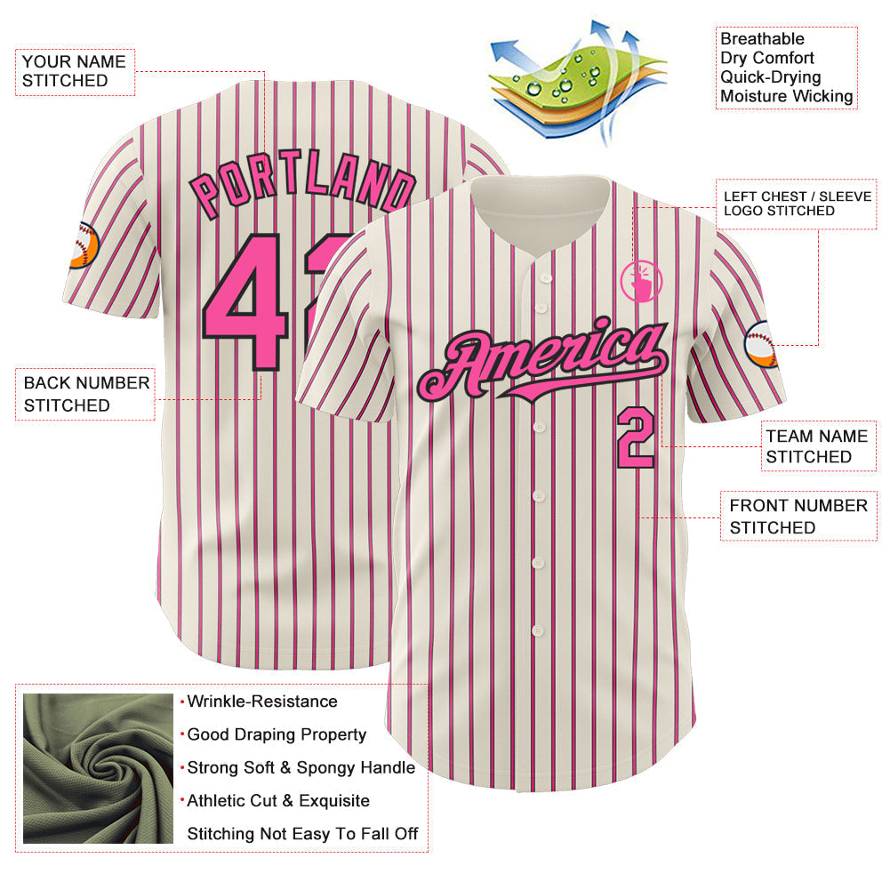 Custom Cream (Black Pink Pinstripe) Pink-Black Authentic Baseball Jersey baseball jersey product view 3