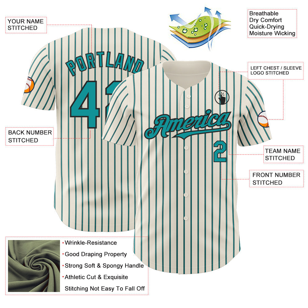 Custom Cream (Black Teal Pinstripe) Teal-Black Authentic Baseball Jersey baseball jersey product view 3