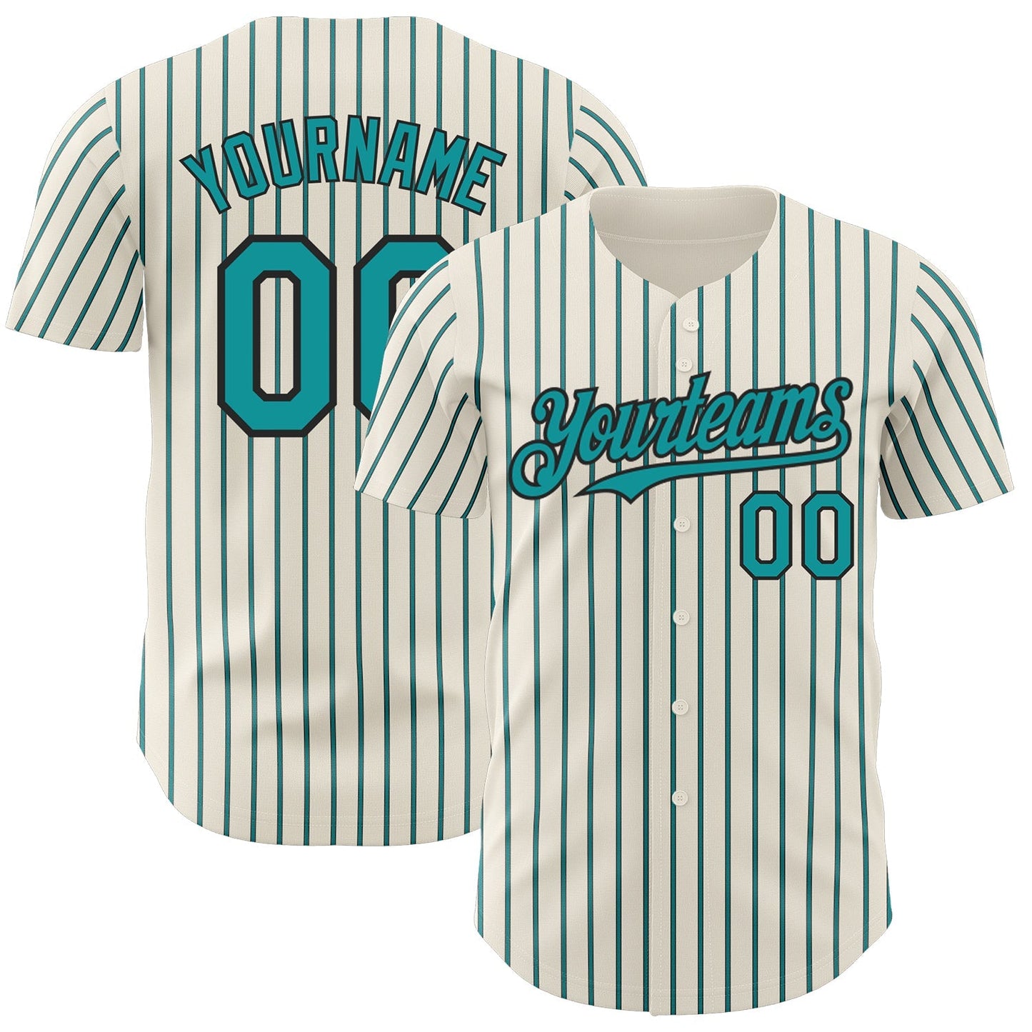Custom Cream (Black Teal Pinstripe) Teal-Black Authentic Baseball Jersey baseball jersey product view 1