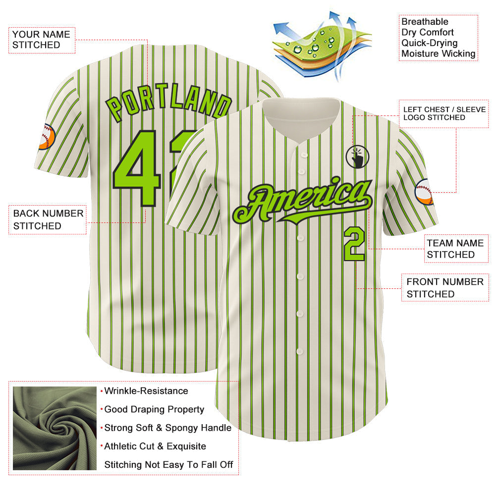 Custom Cream (Black Neon Green Pinstripe) Neon Green-Black Authentic Baseball Jersey baseball jersey product view 3