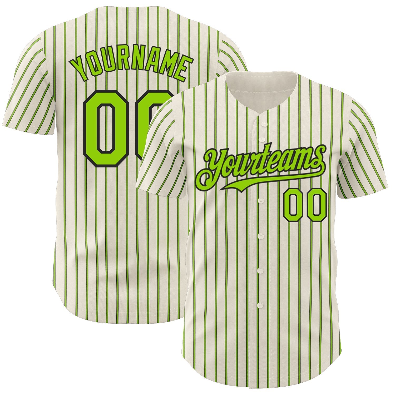 Custom Cream (Black Neon Green Pinstripe) Neon Green-Black Authentic Baseball Jersey baseball jersey product view 1