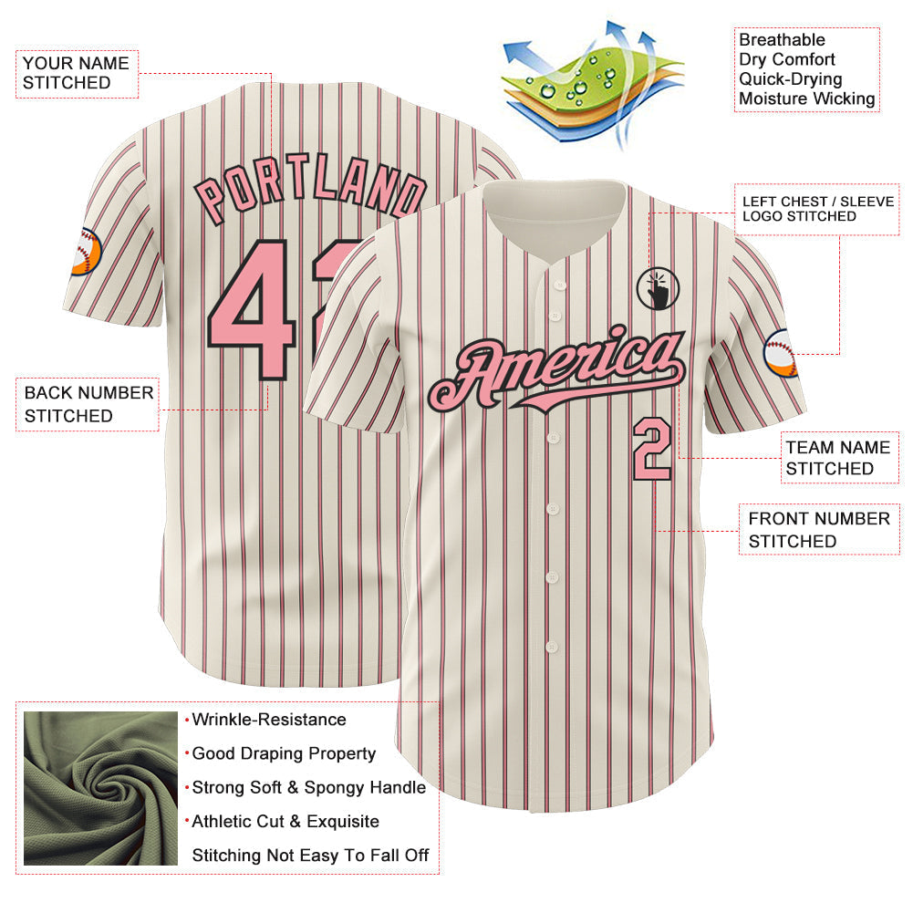 Custom Cream (Black Medium Pink Pinstripe) Medium Pink-Black Authentic Baseball Jersey baseball jersey product view 3