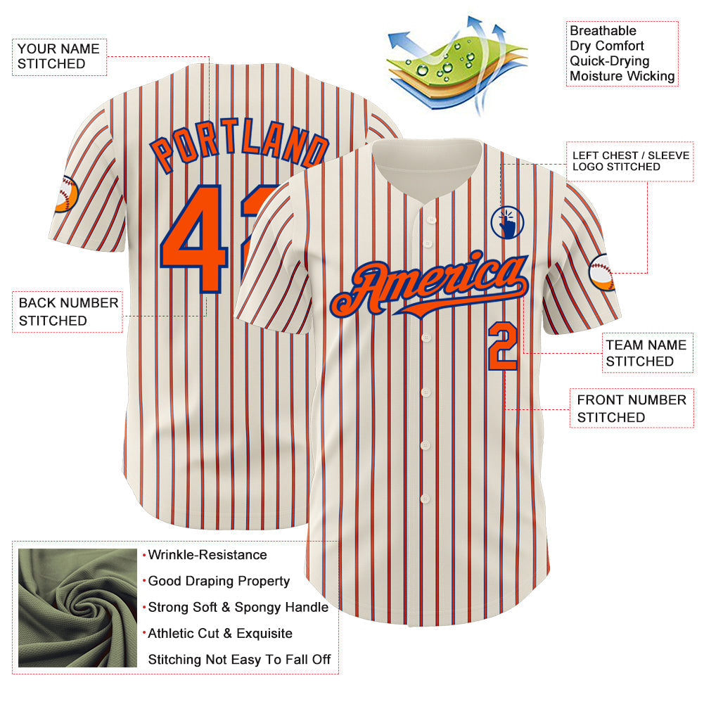 Custom Cream (Royal Orange Pinstripe) Orange-Royal Authentic Baseball Jersey baseball jersey product view 3