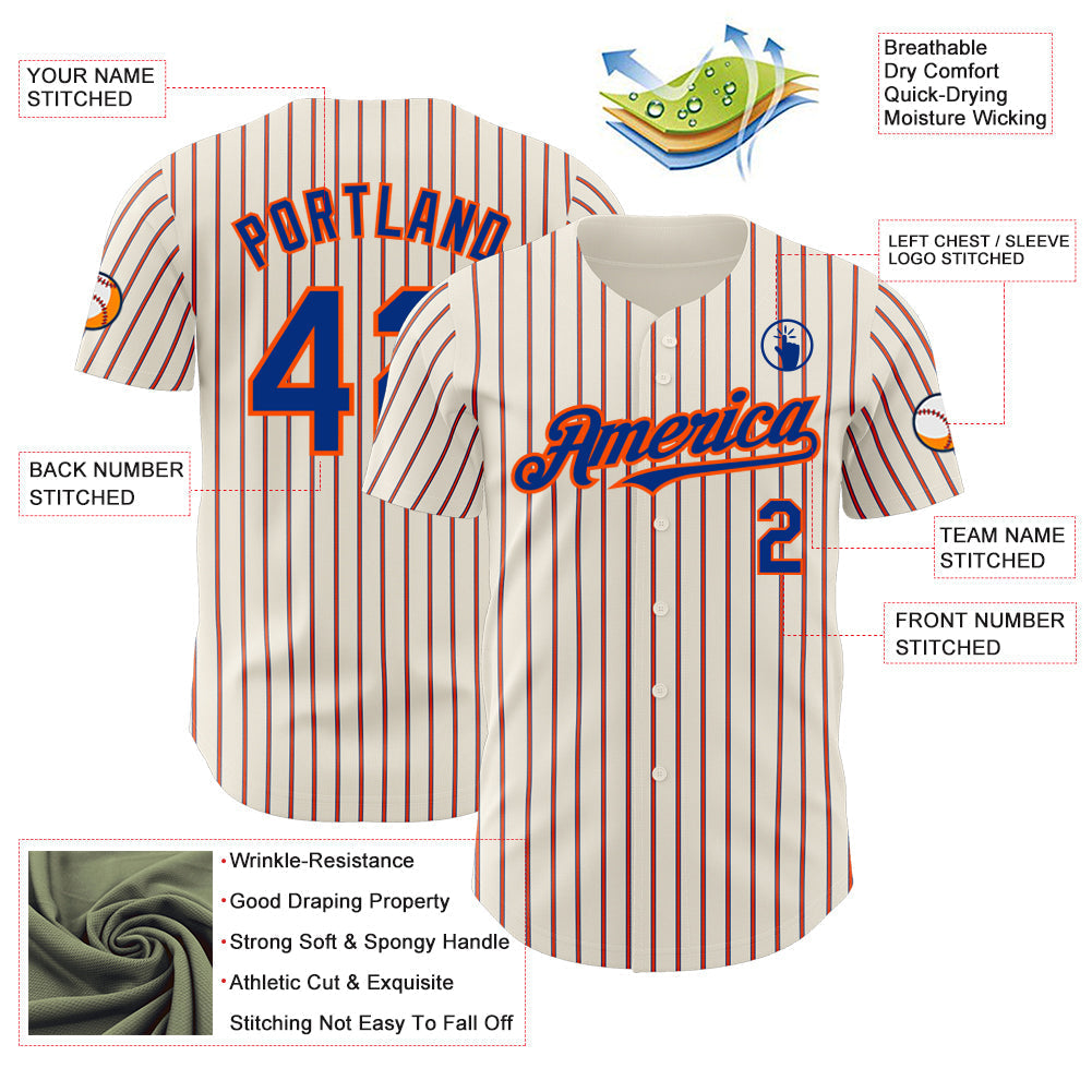 Custom Cream (Royal Orange Pinstripe) Royal-Orange Authentic Baseball Jersey baseball jersey product view 3