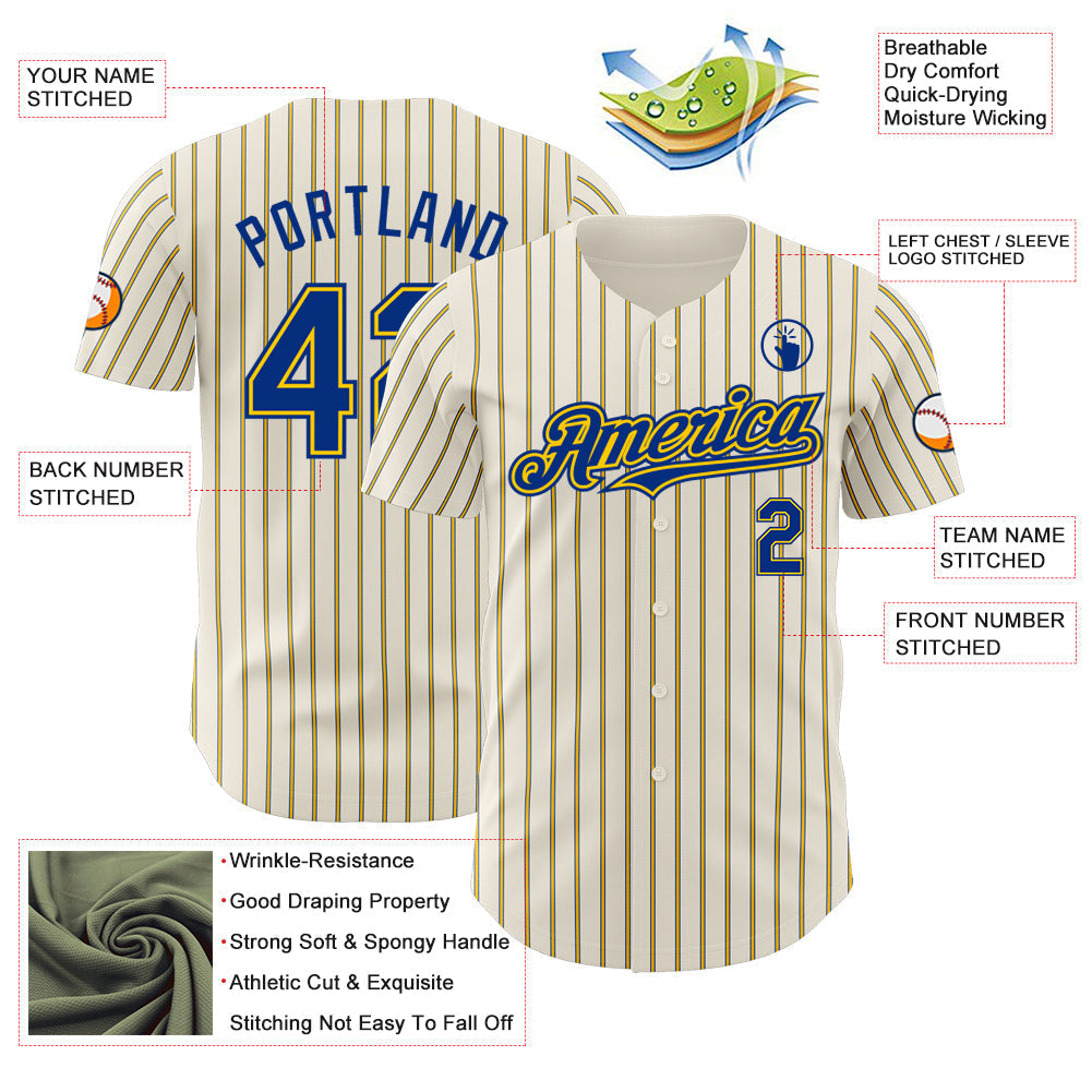 Custom Cream (Royal Yellow Pinstripe) Royal-Yellow Authentic Baseball Jersey baseball jersey product view 3
