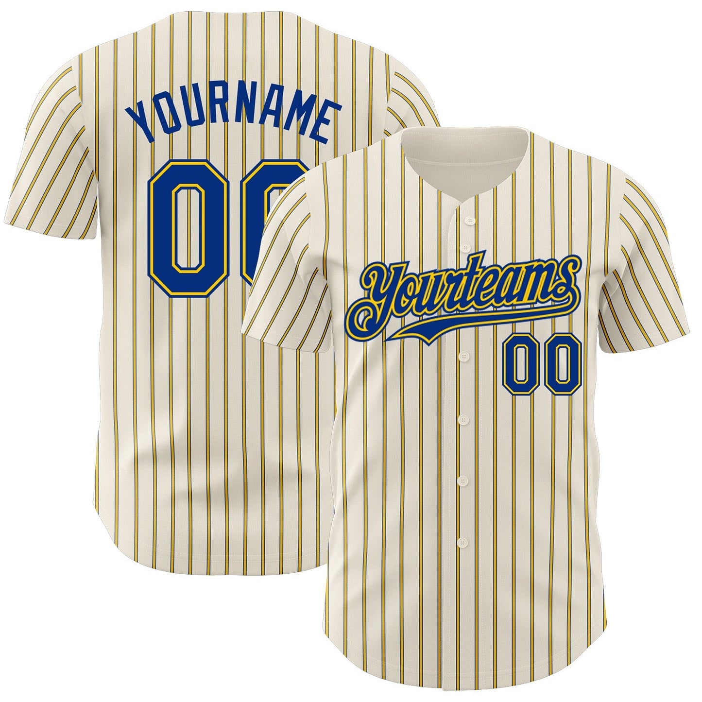 Custom Cream (Royal Yellow Pinstripe) Royal-Yellow Authentic Baseball Jersey baseball jersey product view 1