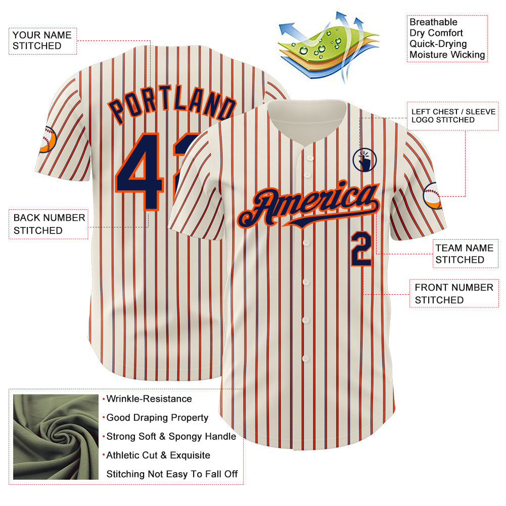 Custom Cream (Navy Orange Pinstripe) Navy-Orange Authentic Baseball Jersey baseball jersey product view 3