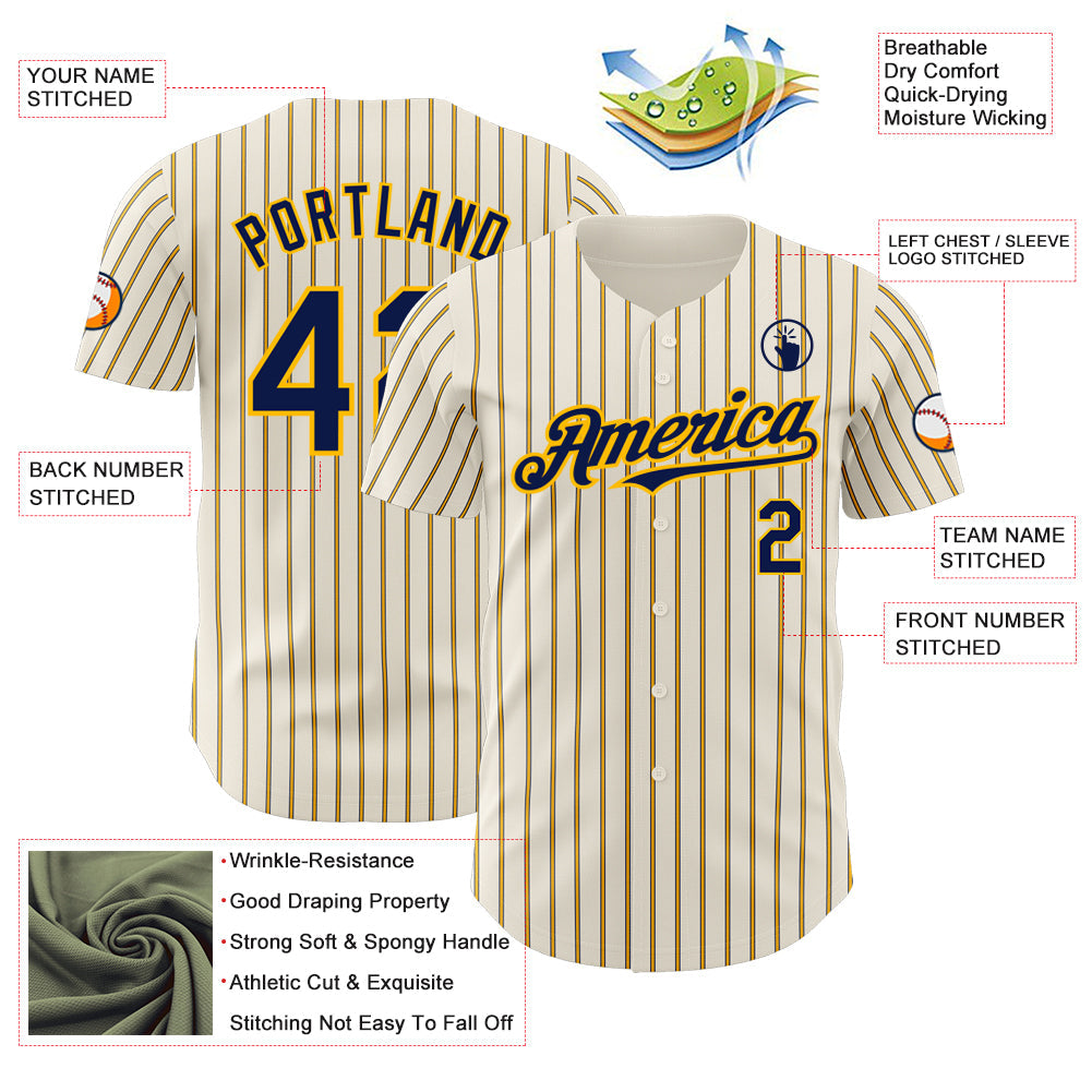 Custom Cream (Navy Gold Pinstripe) Navy-Gold Authentic Baseball Jersey baseball jersey product view 3