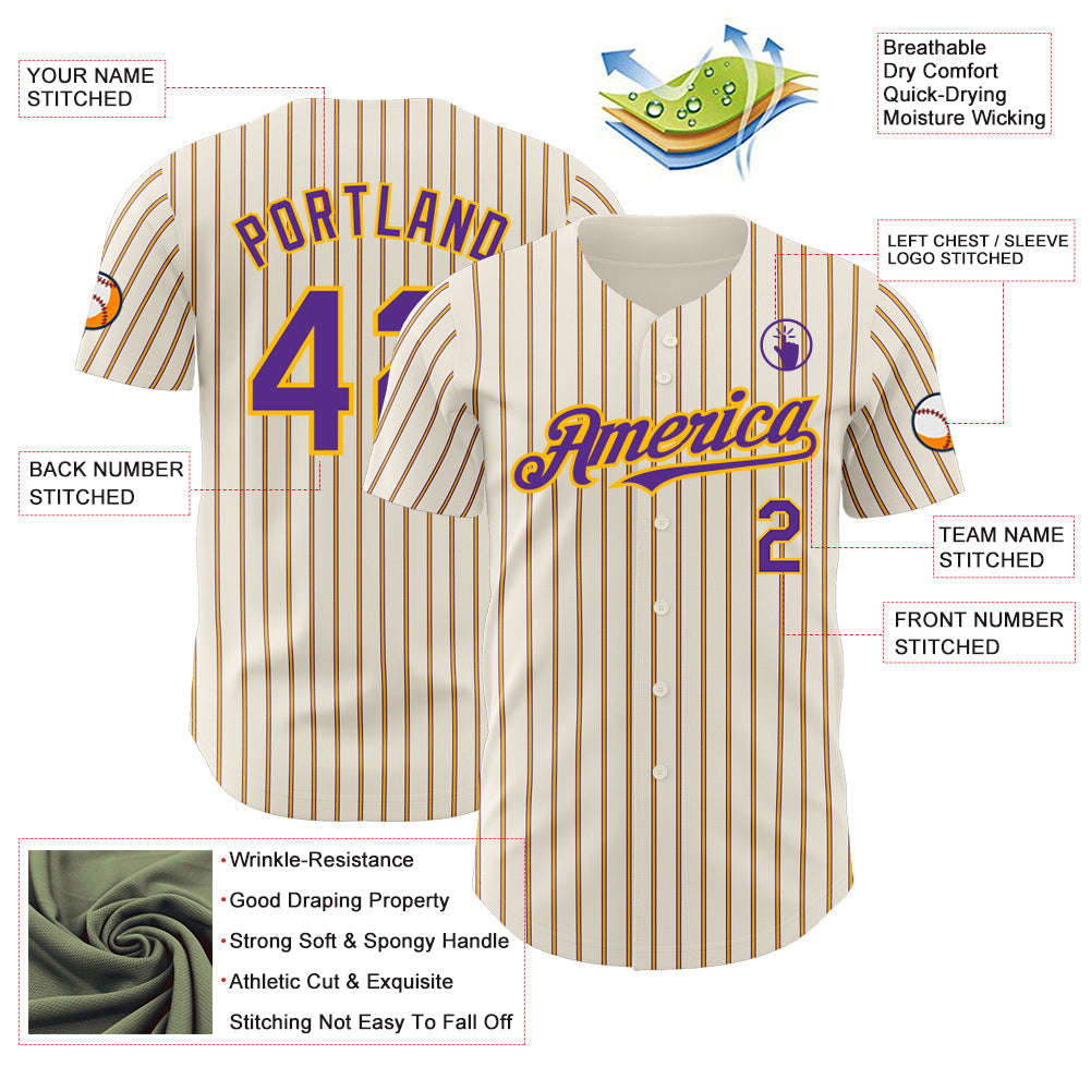 Custom Cream (Purple Gold Pinstripe) Purple-Gold Authentic Baseball Jersey baseball jersey product view 3
