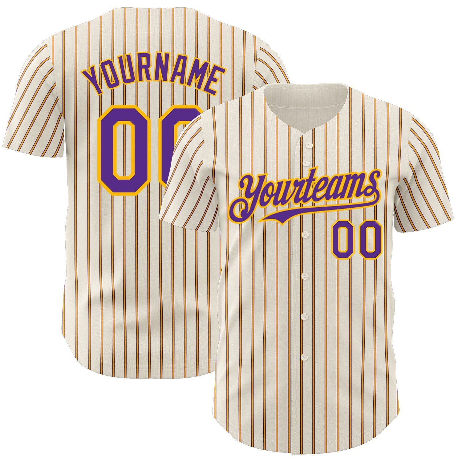 Custom Cream (Purple Gold Pinstripe) Purple-Gold Authentic Baseball Jersey baseball jersey product view 1