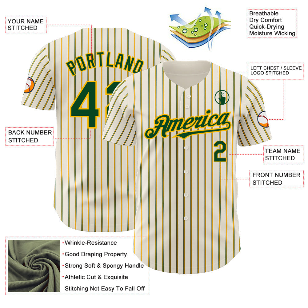 Custom Cream (Green Gold Pinstripe) Green-Gold Authentic Baseball Jersey baseball jersey product view 3