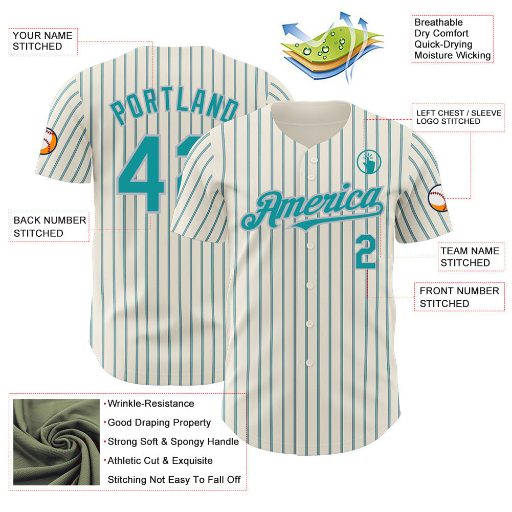 Custom Cream (Teal Gray Pinstripe) Teal-Gray Authentic Baseball Jersey baseball jersey product view 3