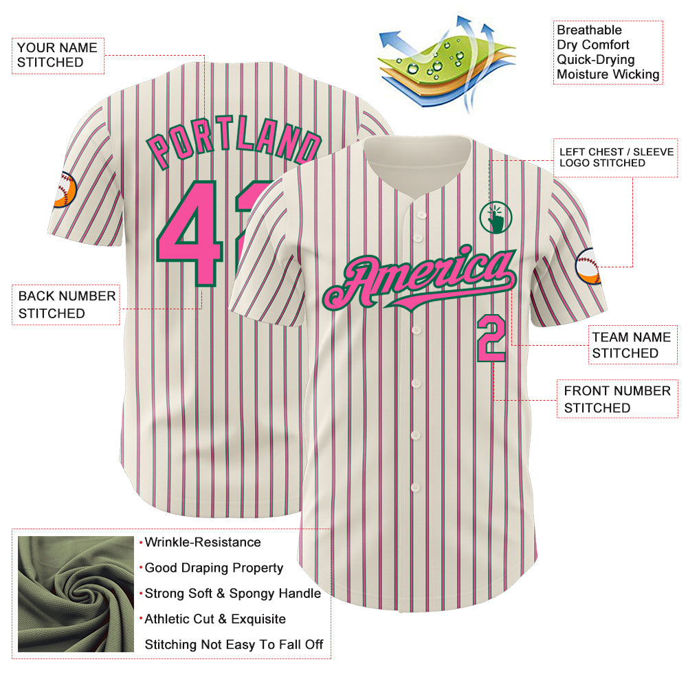 Custom Cream (Kelly Green Pink Pinstripe) Pink-Kelly Green Authentic Baseball Jersey baseball jersey product view 3