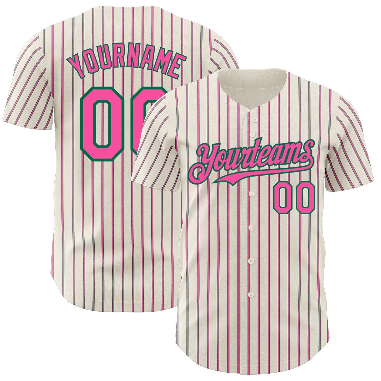 Custom Cream (Kelly Green Pink Pinstripe) Pink-Kelly Green Authentic Baseball Jersey baseball jersey product view 1