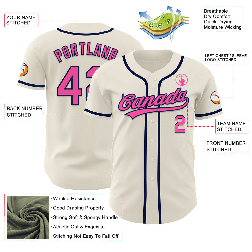 Custom Cream Pink-Navy Authentic Baseball Jersey baseball jersey product view 3