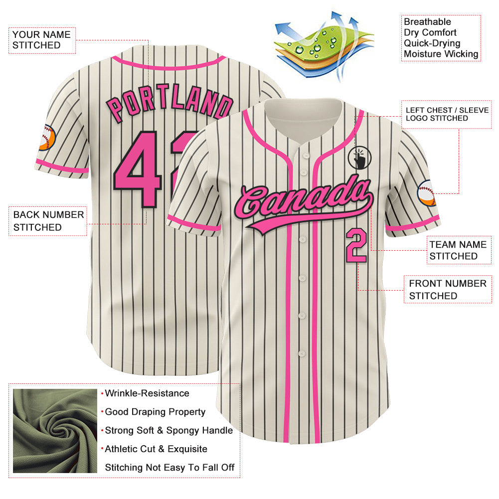 Custom Cream Black Pinstripe Pink Authentic Baseball Jersey baseball jersey product view 3