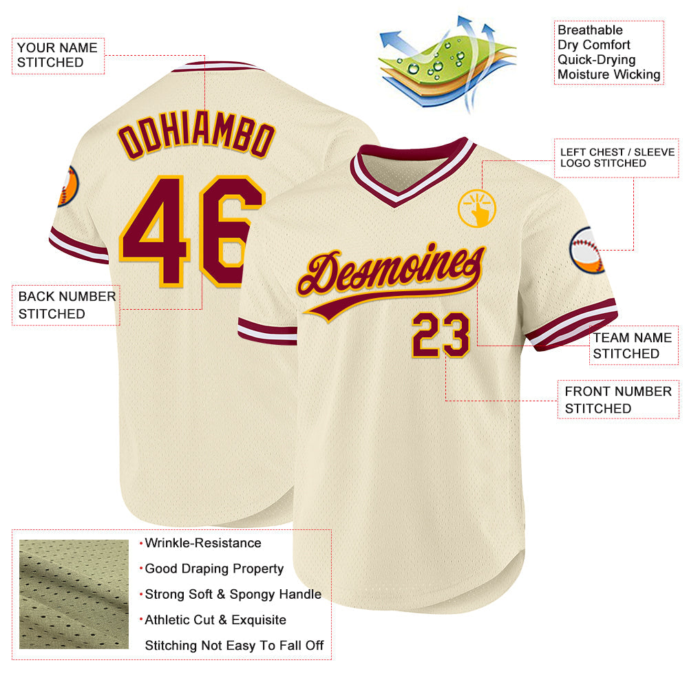 Custom Cream Maroon Gold-White Authentic Throwback Baseball Jersey baseball jersey product view 3