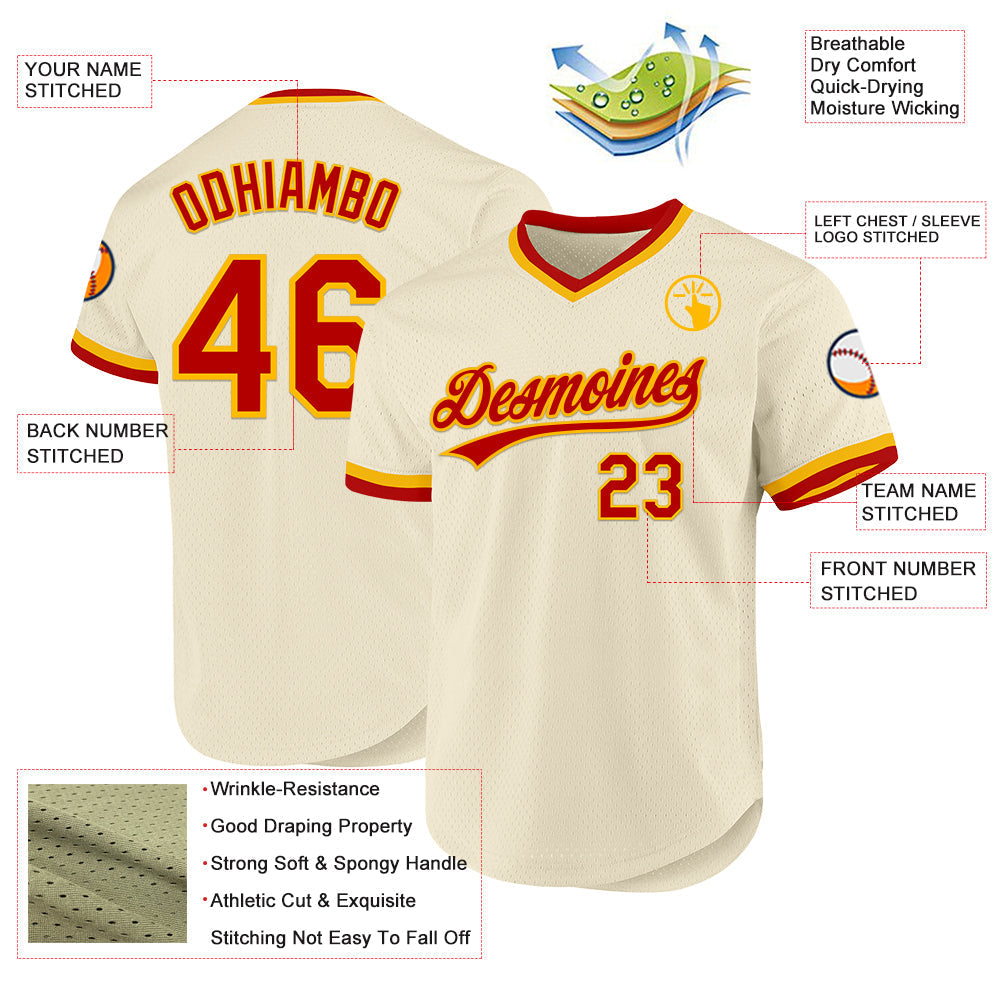 Custom Cream Red-Gold Authentic Throwback Baseball Jersey baseball jersey product view 3