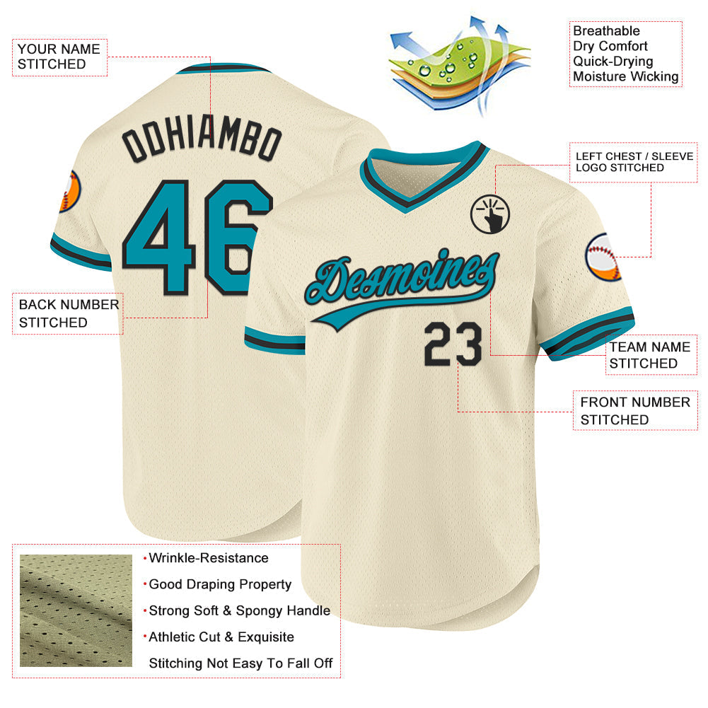 Custom Cream Teal-Black Authentic Throwback Baseball Jersey baseball jersey product view 3