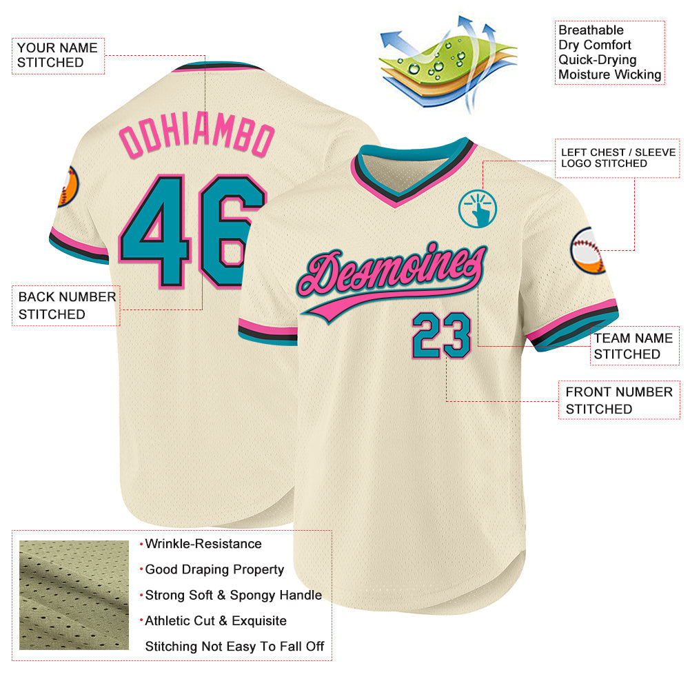 Custom Cream Teal Black-Pink Authentic Throwback Baseball Jersey baseball jersey product view 3