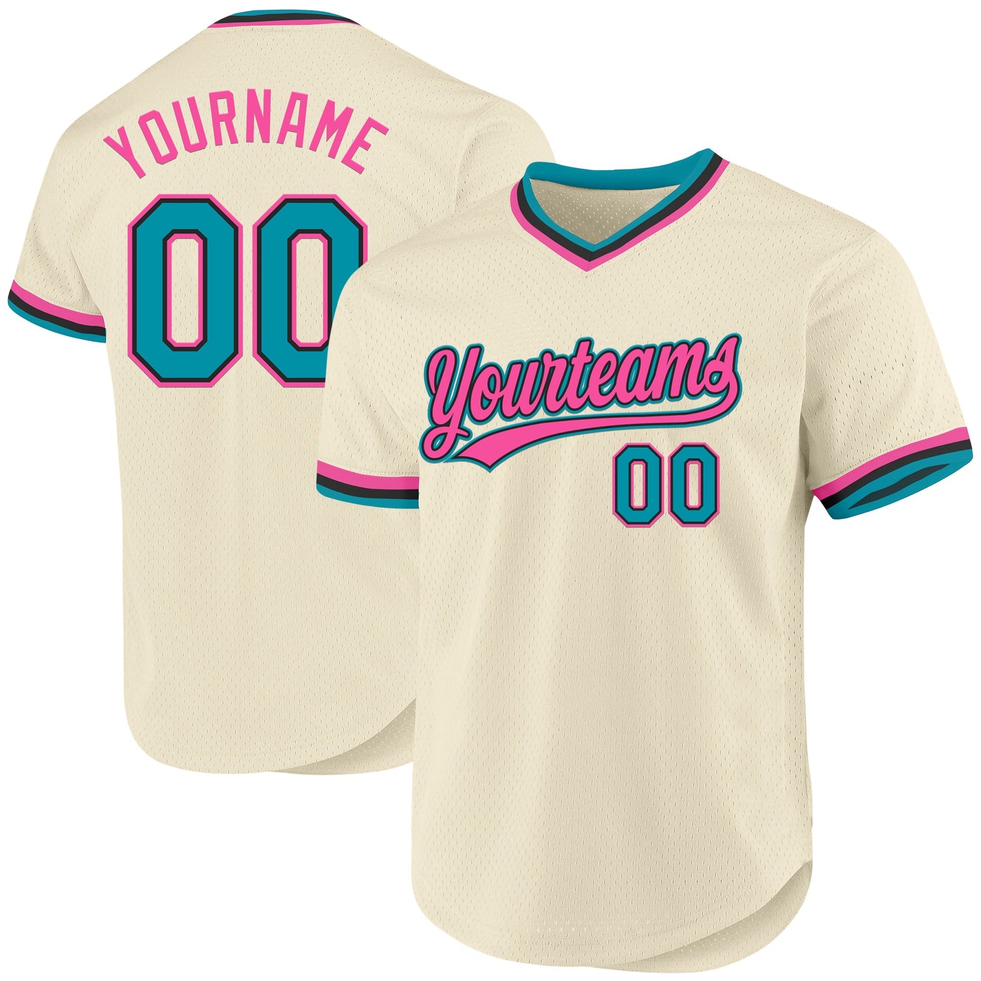 Custom Cream Teal Black-Pink Authentic Throwback Baseball Jersey baseball jersey product view 1