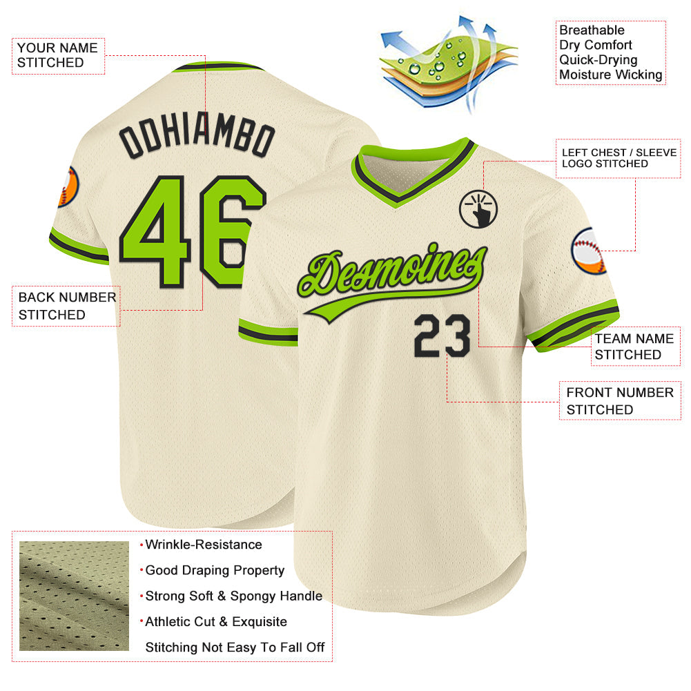 Custom Cream Neon Green-Black Authentic Throwback Baseball Jersey baseball jersey product view 3